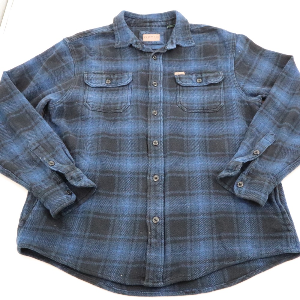 Orvis Flannel Shirt Mens Large Blue Black Plaid Heavyweight Side Pockets L/S